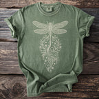 Olive green t-shirt with cream-colored dragonfly and floral design.