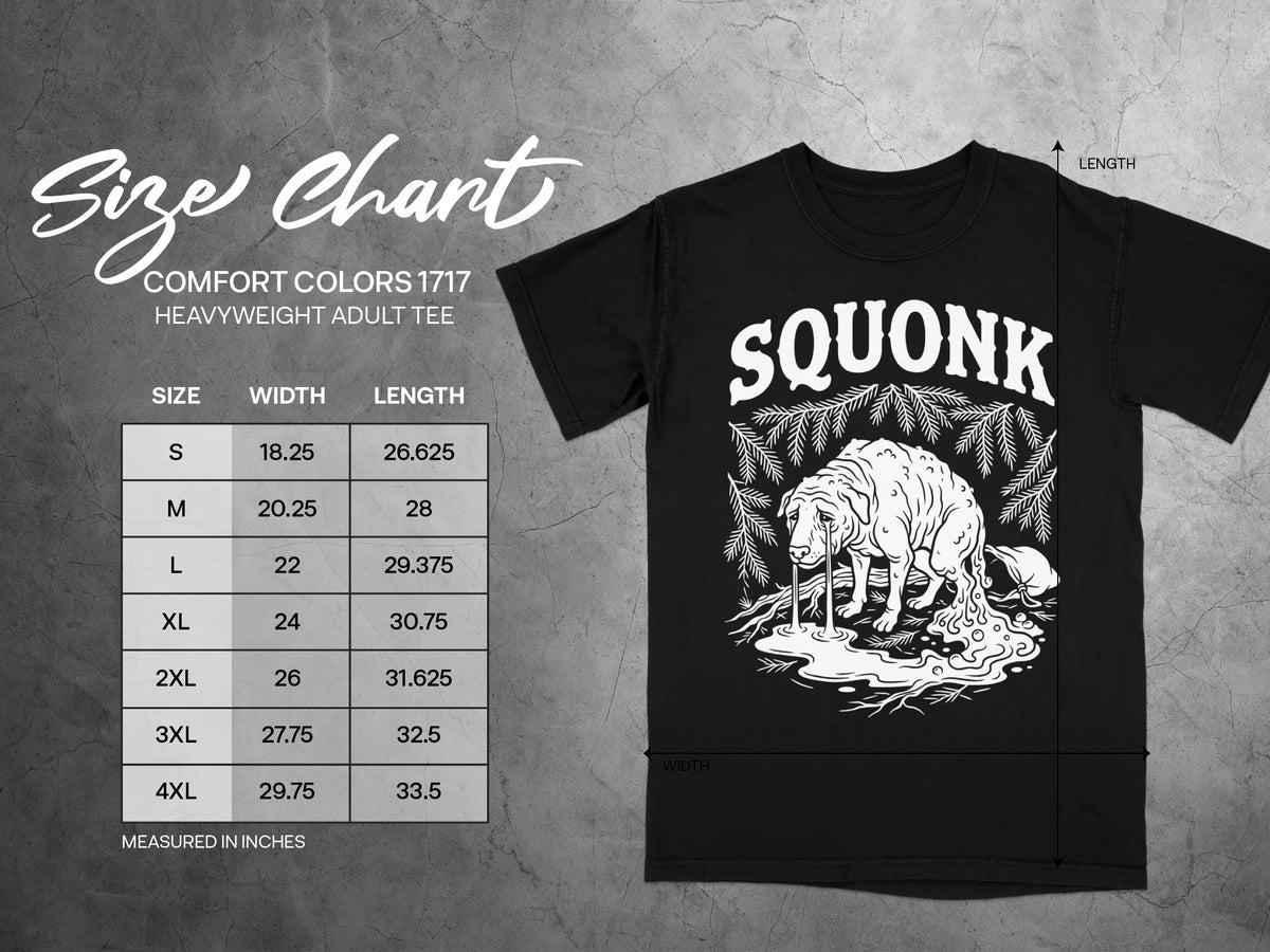 Size chart for Comfort Colors 1717 heavyweight adult tee with 'SQUONK' graphic.