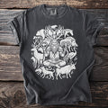 Dark grey t-shirt with a white graphic of a seated figure surrounded by animals.