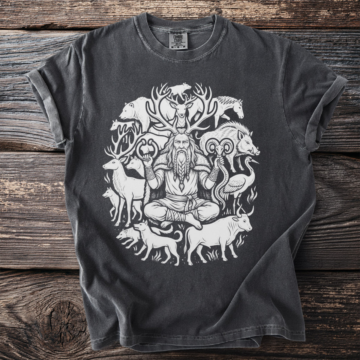 Dark grey t-shirt with a white graphic of a seated figure surrounded by animals.
