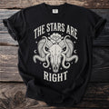 Black t-shirt with a ram skull graphic and the text "THE STARS ARE RIGHT".