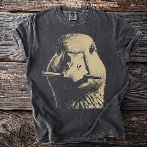 Dark t-shirt with a vintage wash and a graphic of a goose holding a cigarette in its beak.