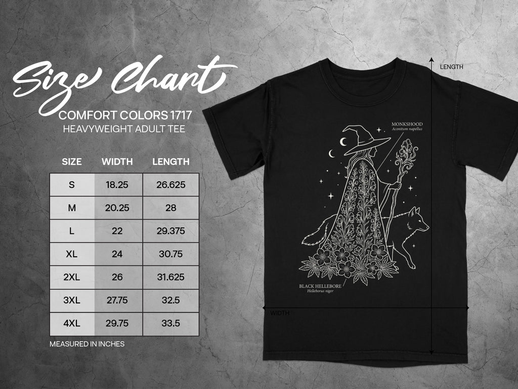 Comfort Colors 1717 heavyweight adult tee size chart with diagram of witch and wolf.