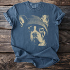 Blue t-shirt with a stencil graphic of a French bulldog wearing a beanie.