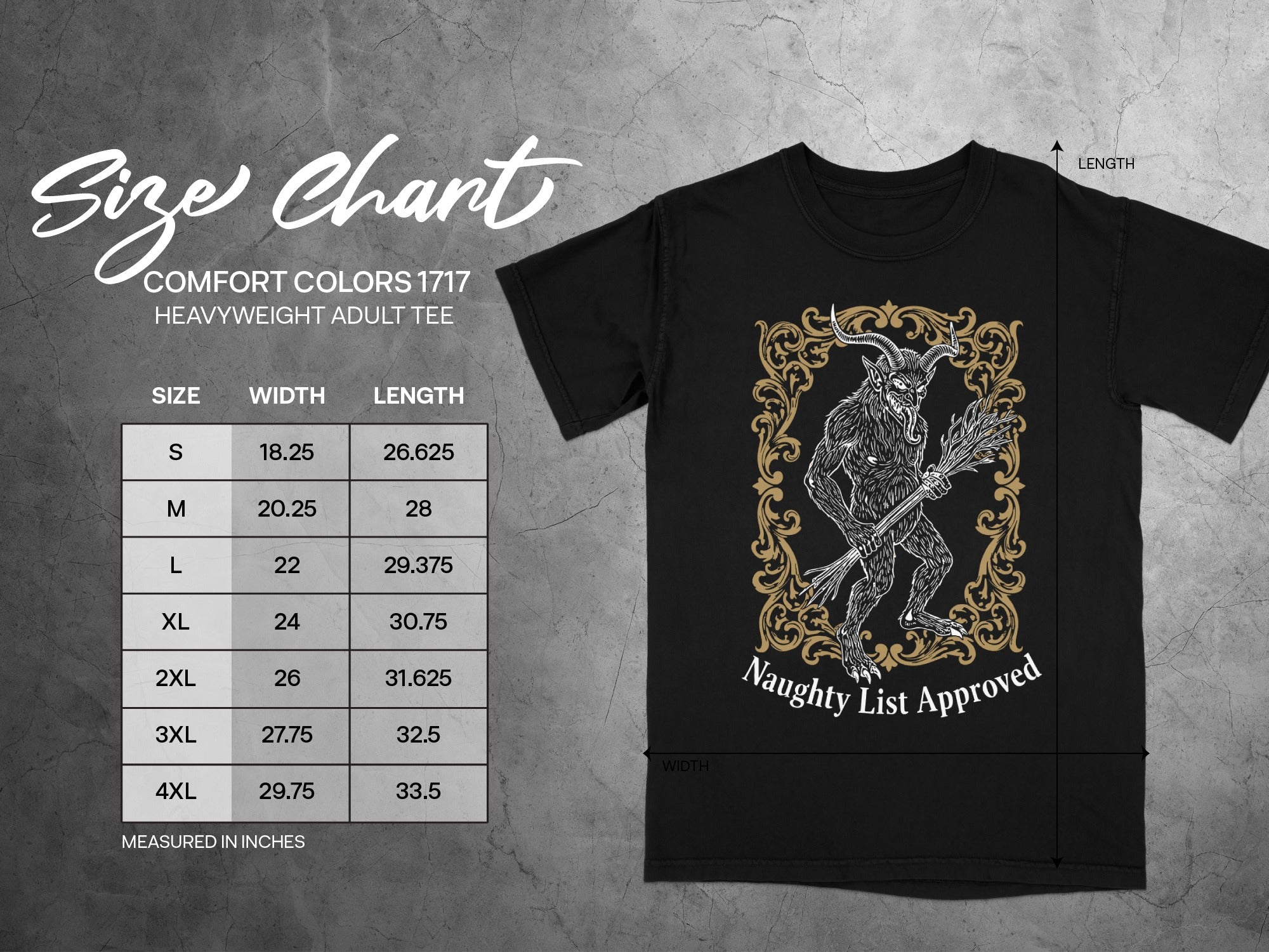 Comfort Colors 1717 heavyweight adult tee size chart featuring a Krampus graphic.