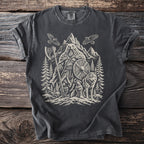 Dark gray t-shirt with a Viking bear, wolf, axe, and shield graphic.