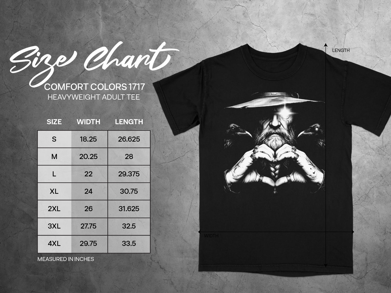 Comfort Colors 1717 heavyweight adult tee size chart with width and length measurements.