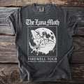 Dark t-shirt with white text "The Luna Moth" and moth on moon design.