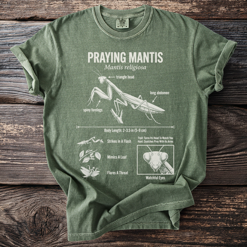 Green t-shirt with "Praying Mantis" scientific diagram and descriptive text.