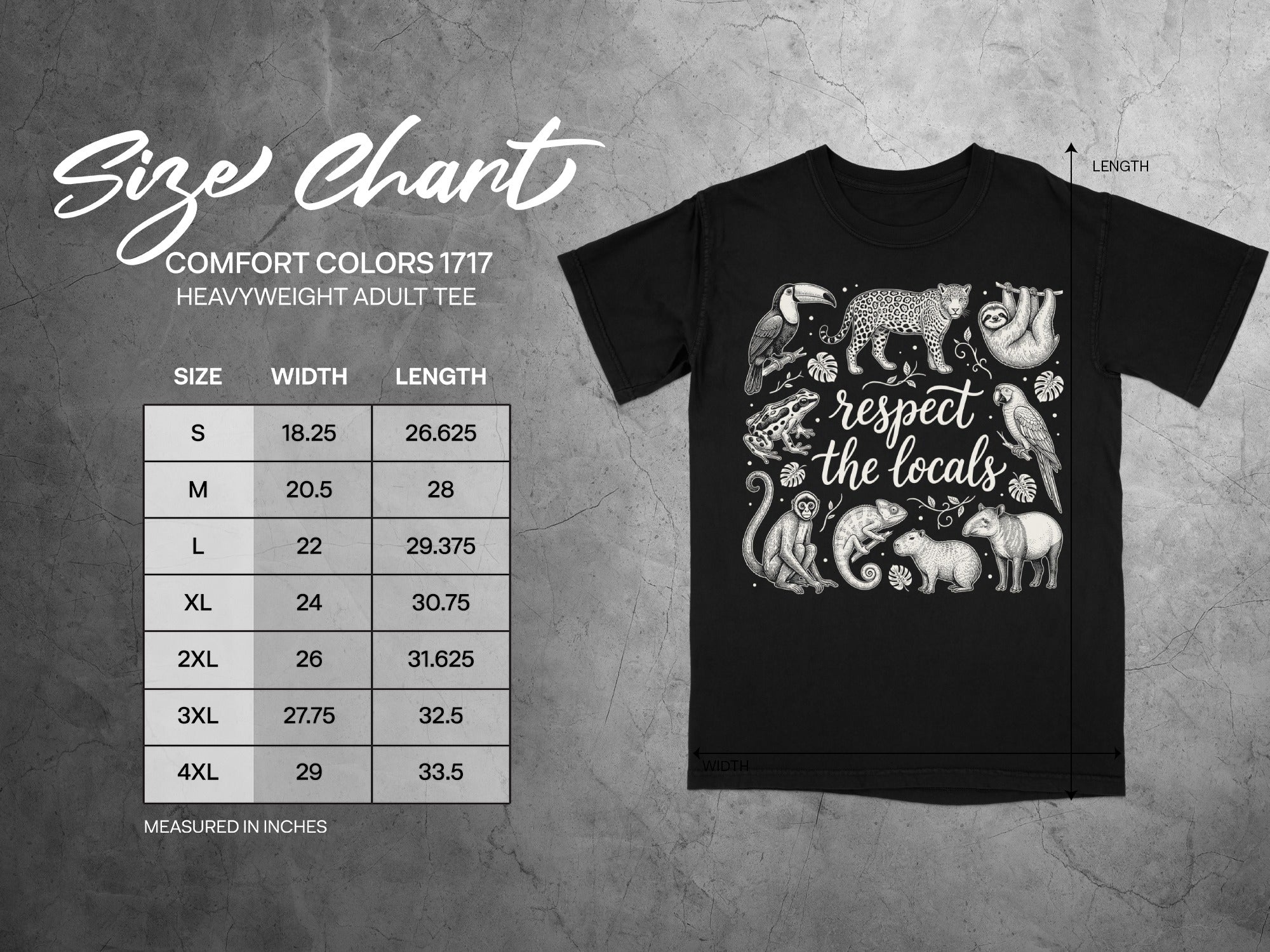 Comfort Colors 1717 heavyweight adult tee size chart with graphics and "respect the locals" text.