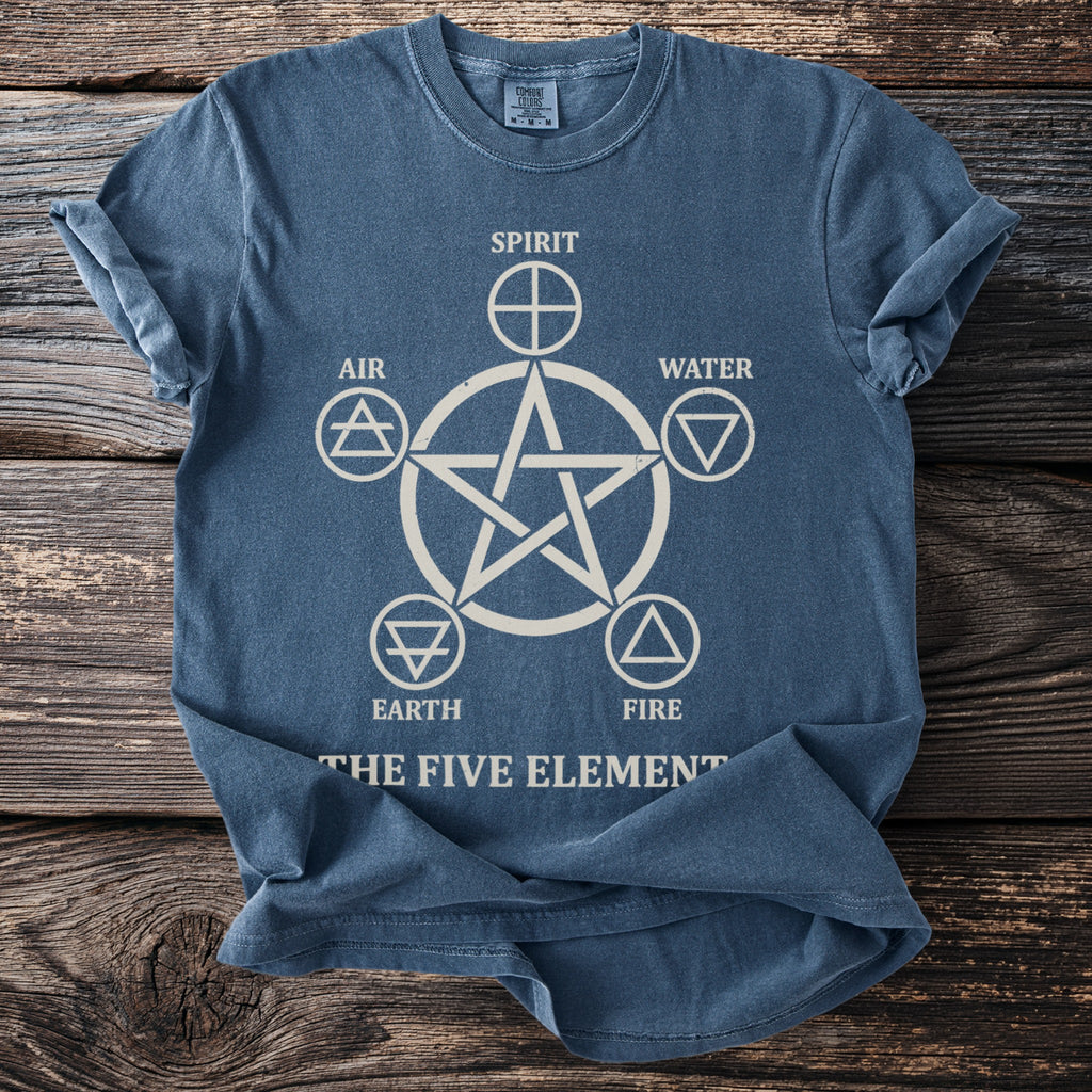 Blue t-shirt with a pentagram, five elements, and "The Five Element" text.