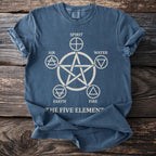 Blue t-shirt with a pentagram, five elements, and "The Five Element" text.