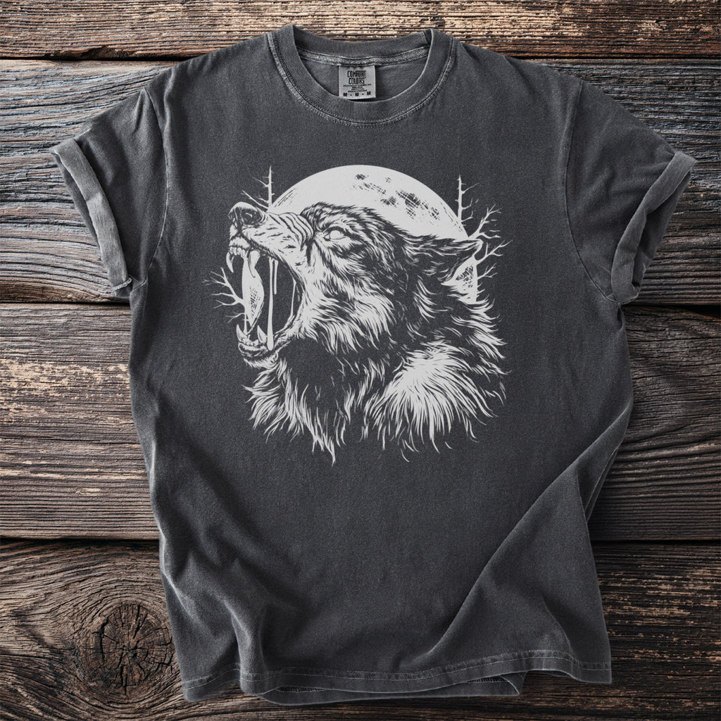Dark grey t-shirt with a white howling wolf graphic and moon.