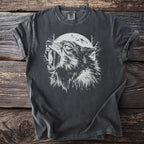 Dark grey t-shirt with a white howling wolf graphic and moon.