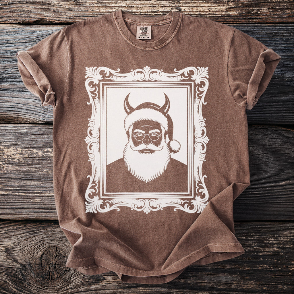 Brown t-shirt with a framed graphic of a horned Santa Claus.
