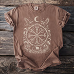 Brown t-shirt with Viking rune, moon, eagles, and ship design.