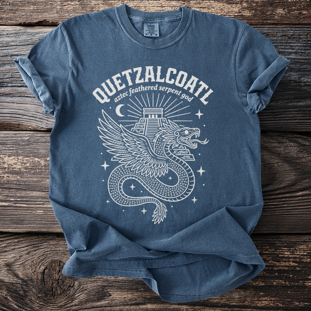Blue t-shirt with Quetzalcoatl winged serpent god design and text.