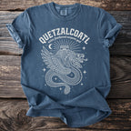 Blue t-shirt with Quetzalcoatl winged serpent god design and text.