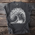 Dark gray t-shirt with white graphic of crashing wave and octopus tentacles.