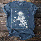 Blue t-shirt with a white graphic of a golden retriever at a bar with a beer.