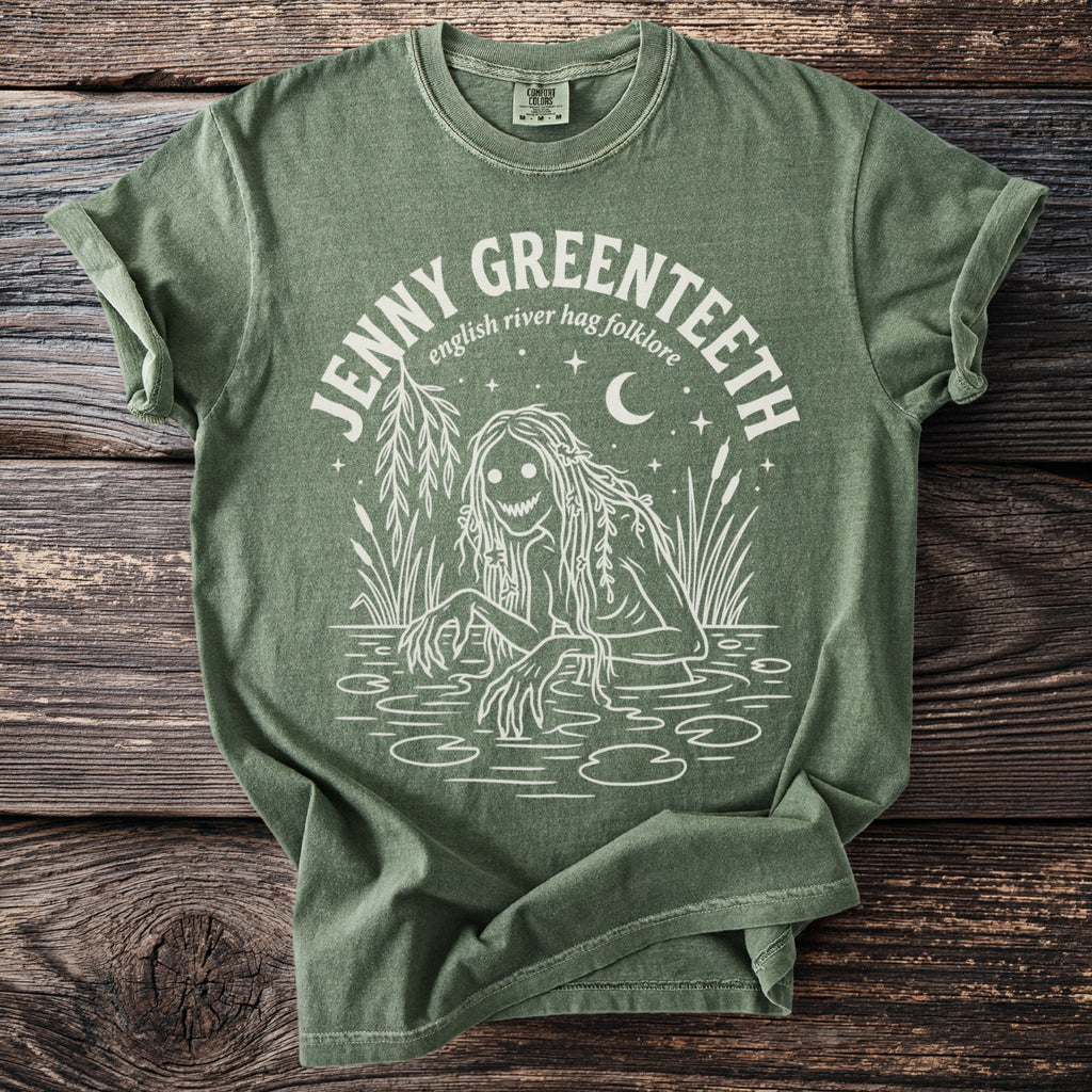 Green t-shirt with white graphic of a water spirit and text "JENNY GREENTEETH english river has folklore".