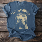 Blue t-shirt with tan graphic of a pit bull wearing aviator goggles.