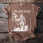 Brown t-shirt with "i do not exist" text and a wolf man graphic.