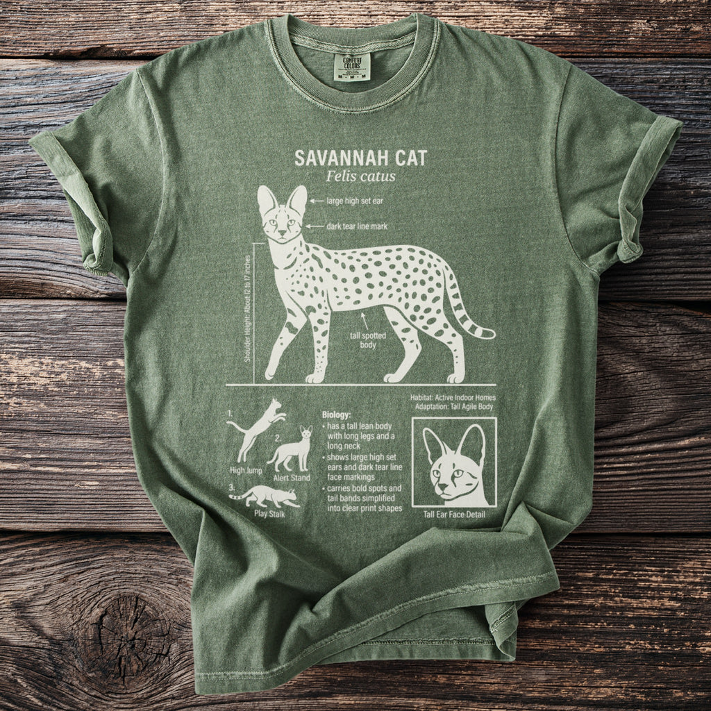 Green t-shirt with a graphic of a Savannah cat, its features, and biology.