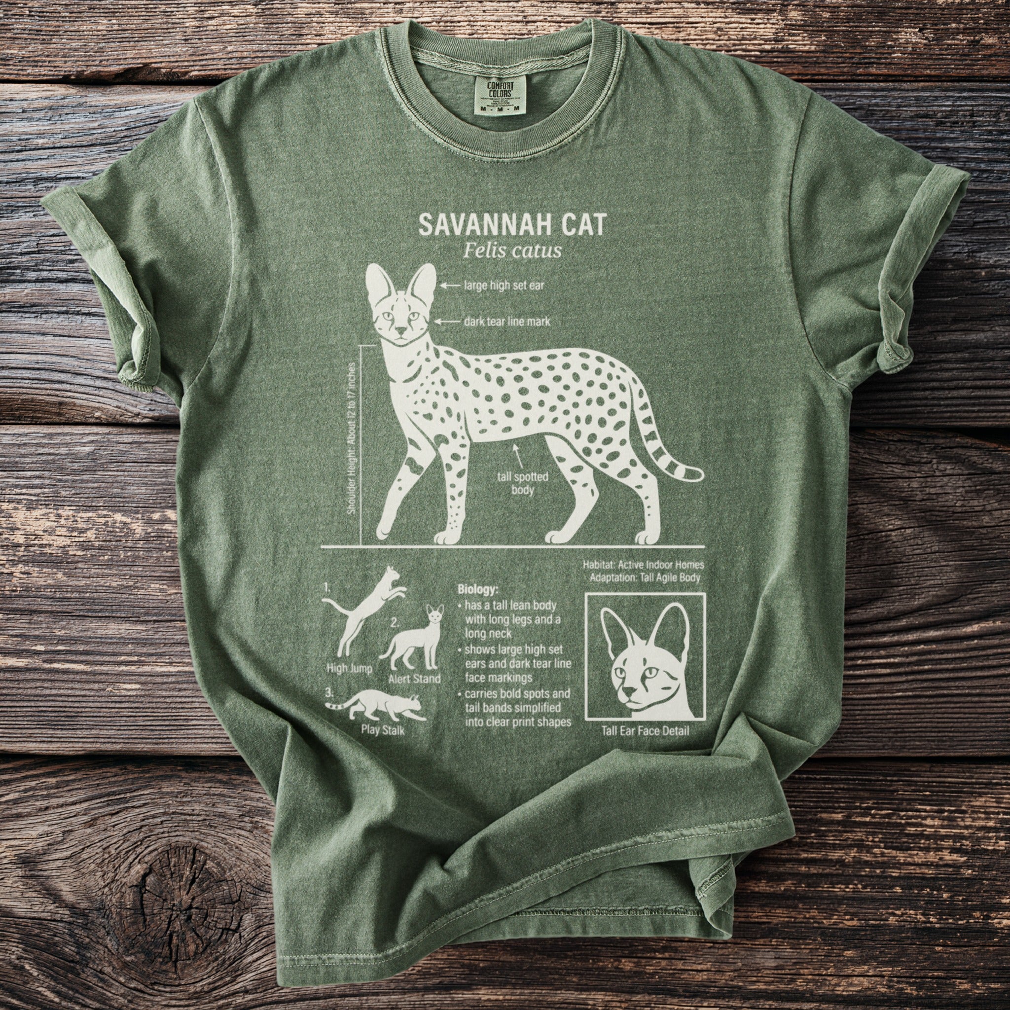 Green t-shirt with a graphic of a Savannah cat, its features, and biology.