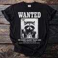 Black t-shirt with wanted poster graphic of a raccoon and text.