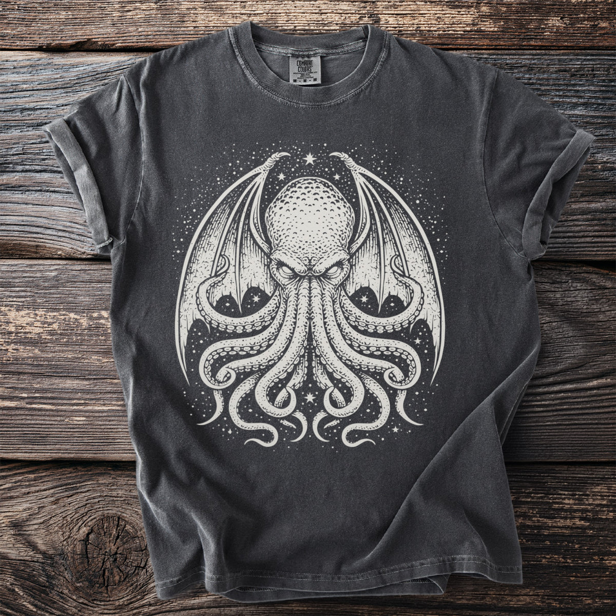 Dark gray t-shirt with a white tentacled creature design.