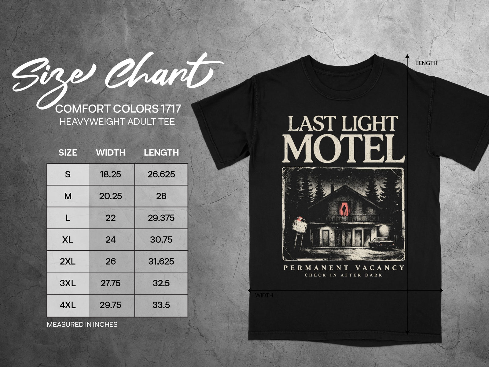 Size chart for Comfort Colors 1717 heavyweight adult tee with "Last Light Motel" graphic.