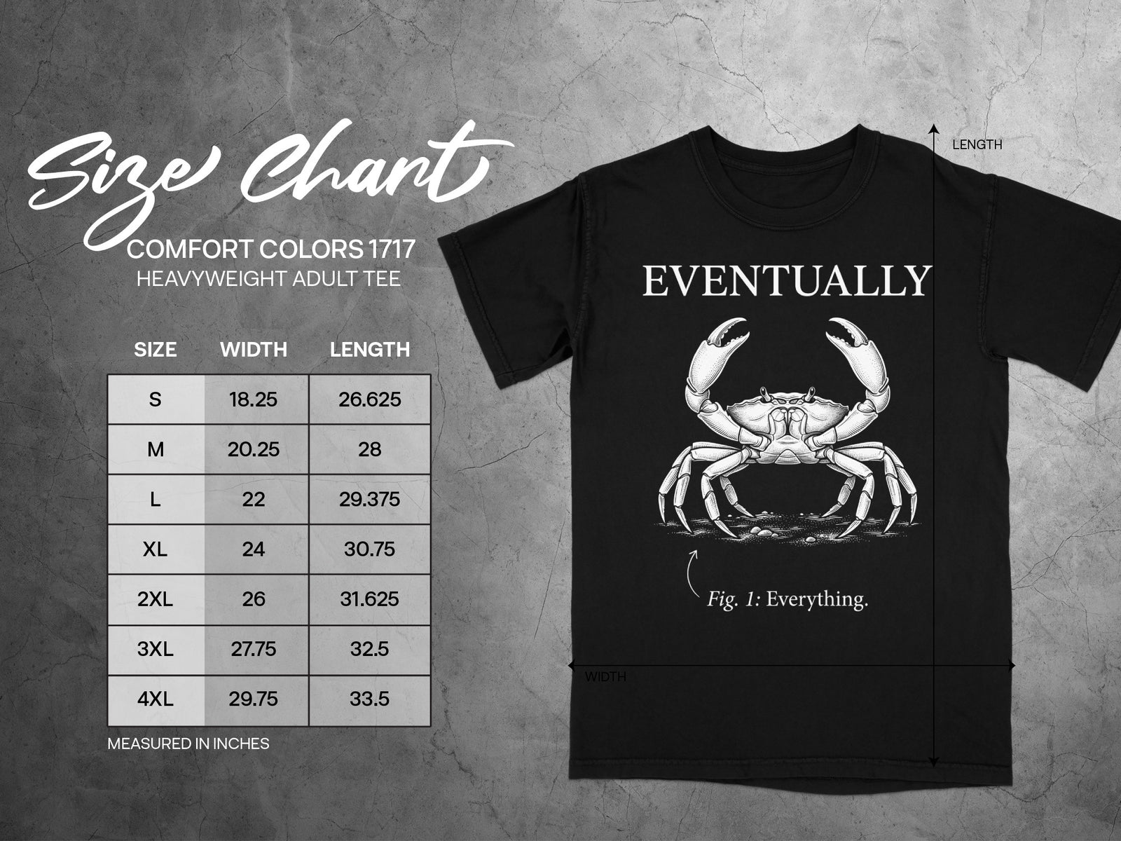 Size chart for Comfort Colors 1717 heavyweight adult tee with crab graphic.