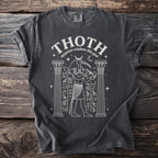 T-shirt with white graphic of Thoth, Egyptian wisdom ibis god, between columns.