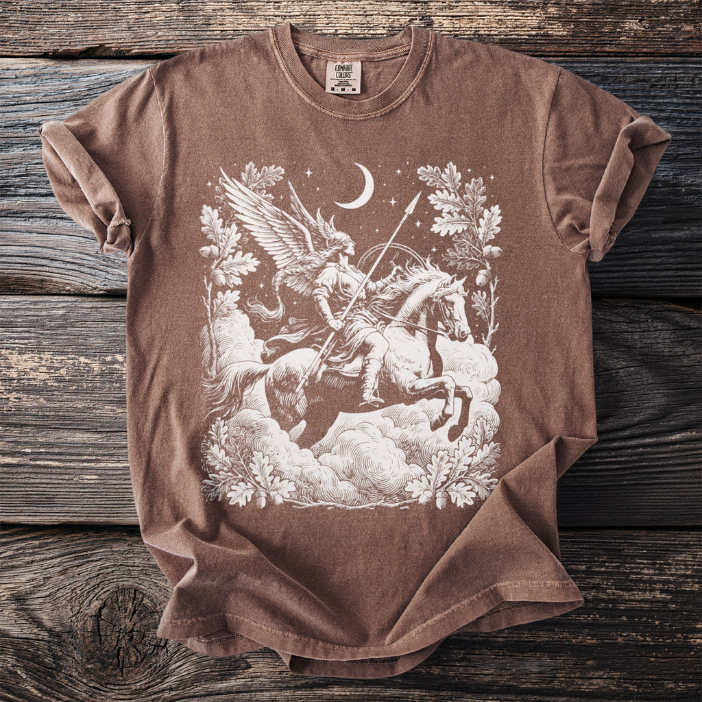 Brown t-shirt with white graphic of a winged warrior on a horse under a crescent moon.