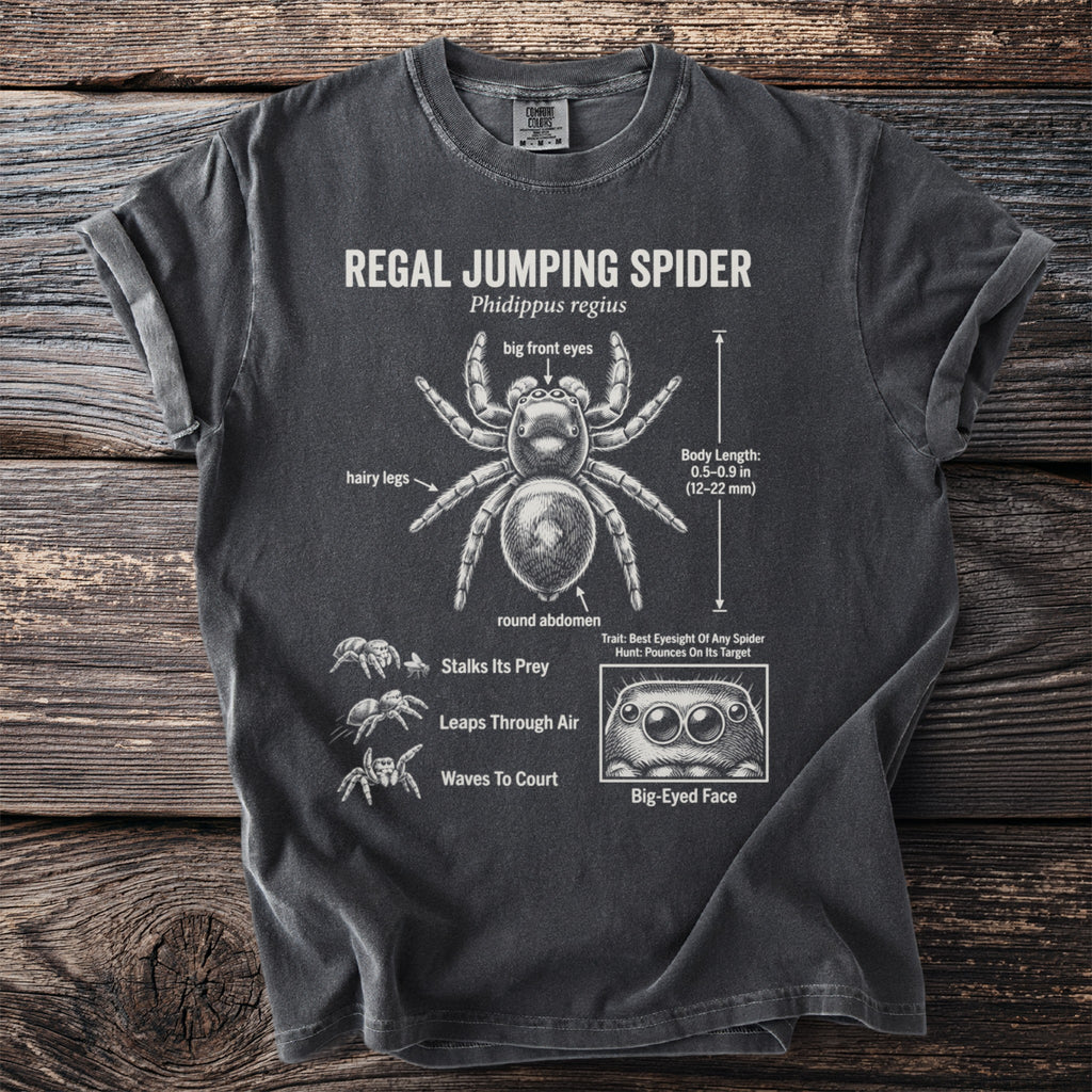 Regal Jumping Spider diagram on a charcoal t-shirt with detailed anatomy and behaviors.