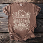 Brown t-shirt with an illustration of a witch's shelf filled with potions and curiosities.