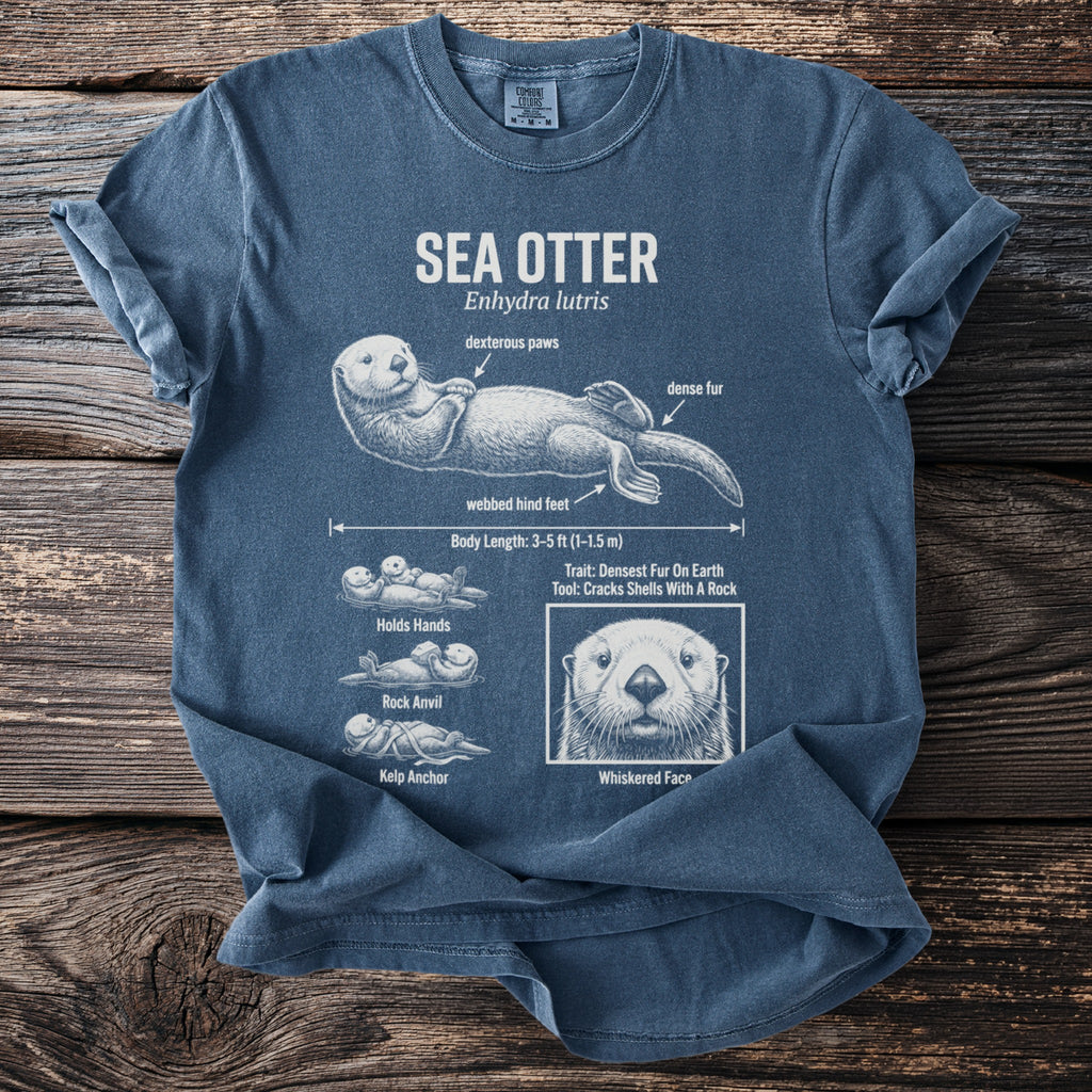 Sea Otter diagram on a blue t-shirt detailing anatomy and behaviors.