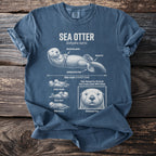 Sea Otter diagram on a blue t-shirt detailing anatomy and behaviors.