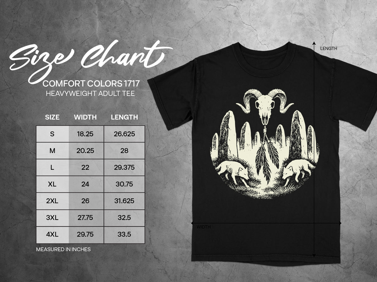 Comfort Colors 1717 heavyweight adult tee size chart with width and length measurements in inches.