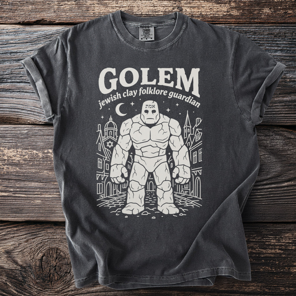 Golem Jewish folklore guardian t-shirt with Hebrew text and city skyline.