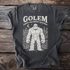 Golem Jewish folklore guardian t-shirt with Hebrew text and city skyline.