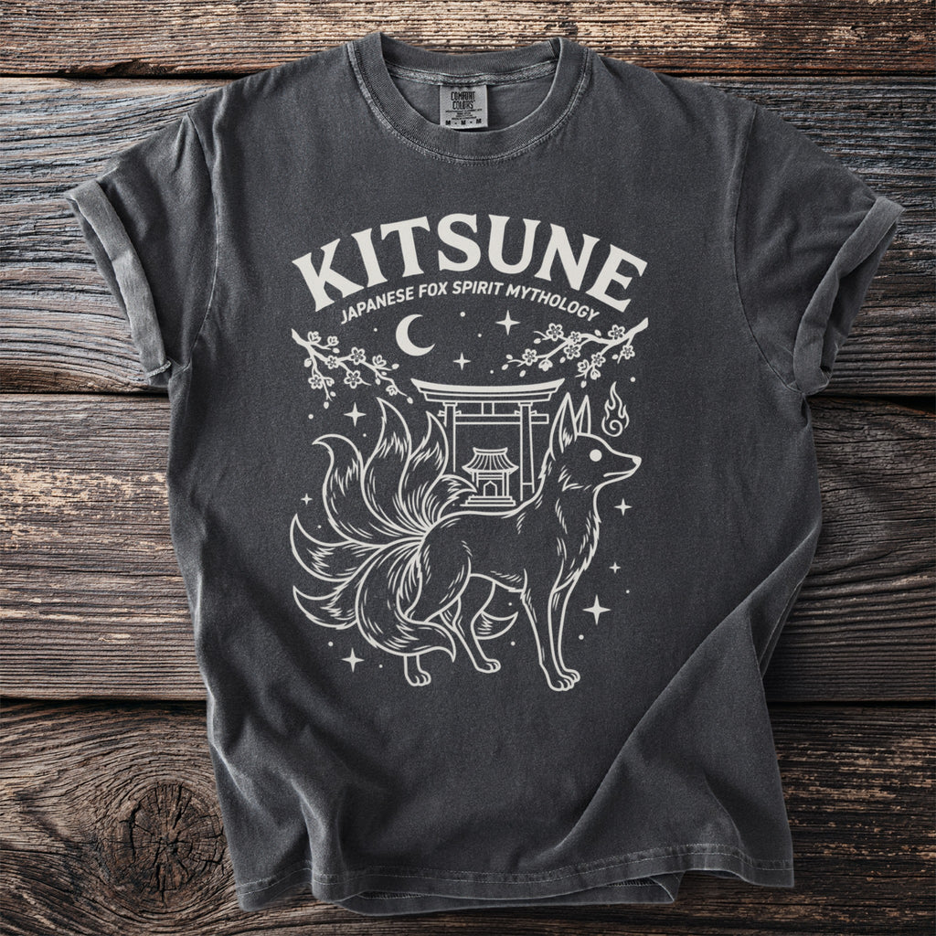 T-shirt with white Kitsune and Japanese fox mythology design.