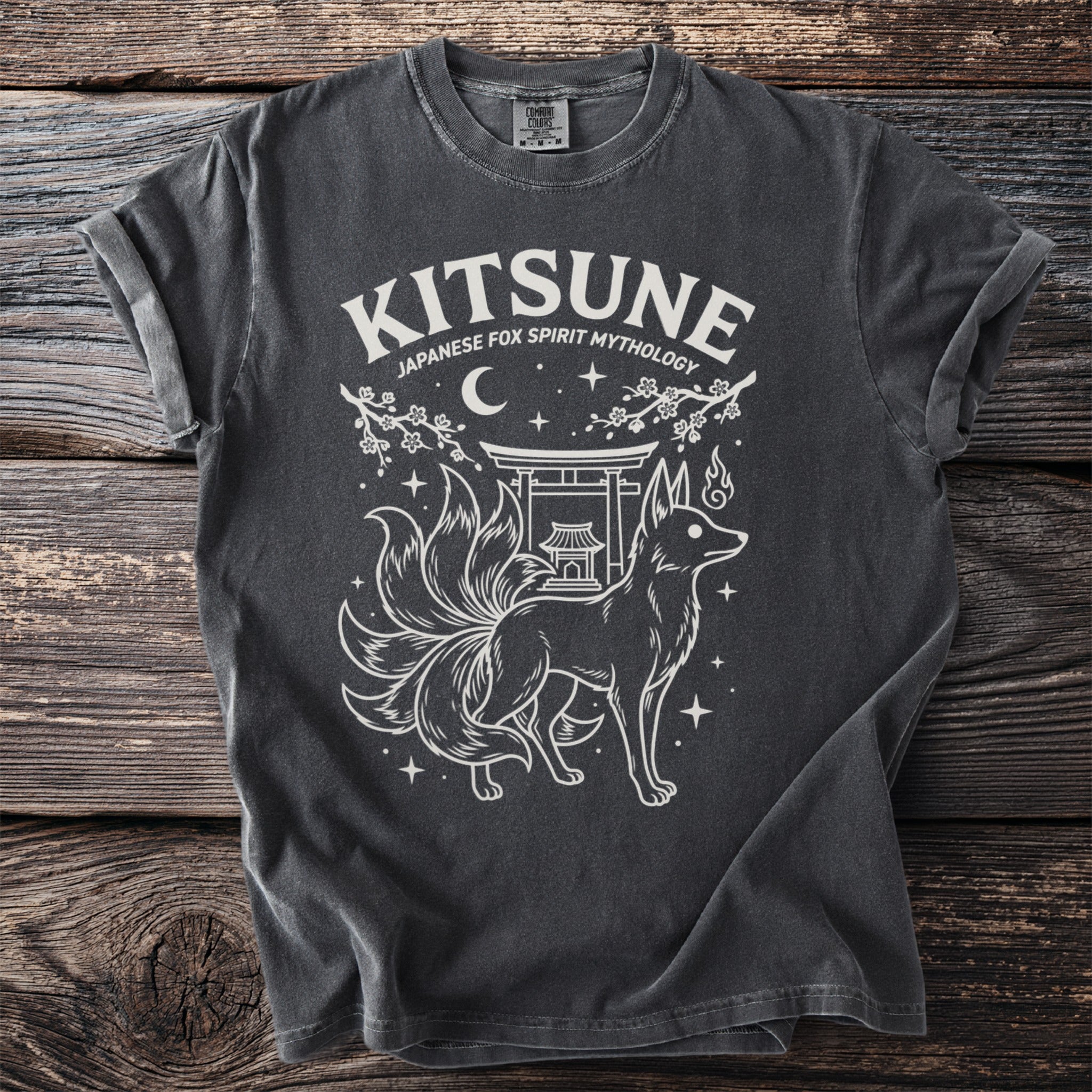 T-shirt with white Kitsune and Japanese fox mythology design.