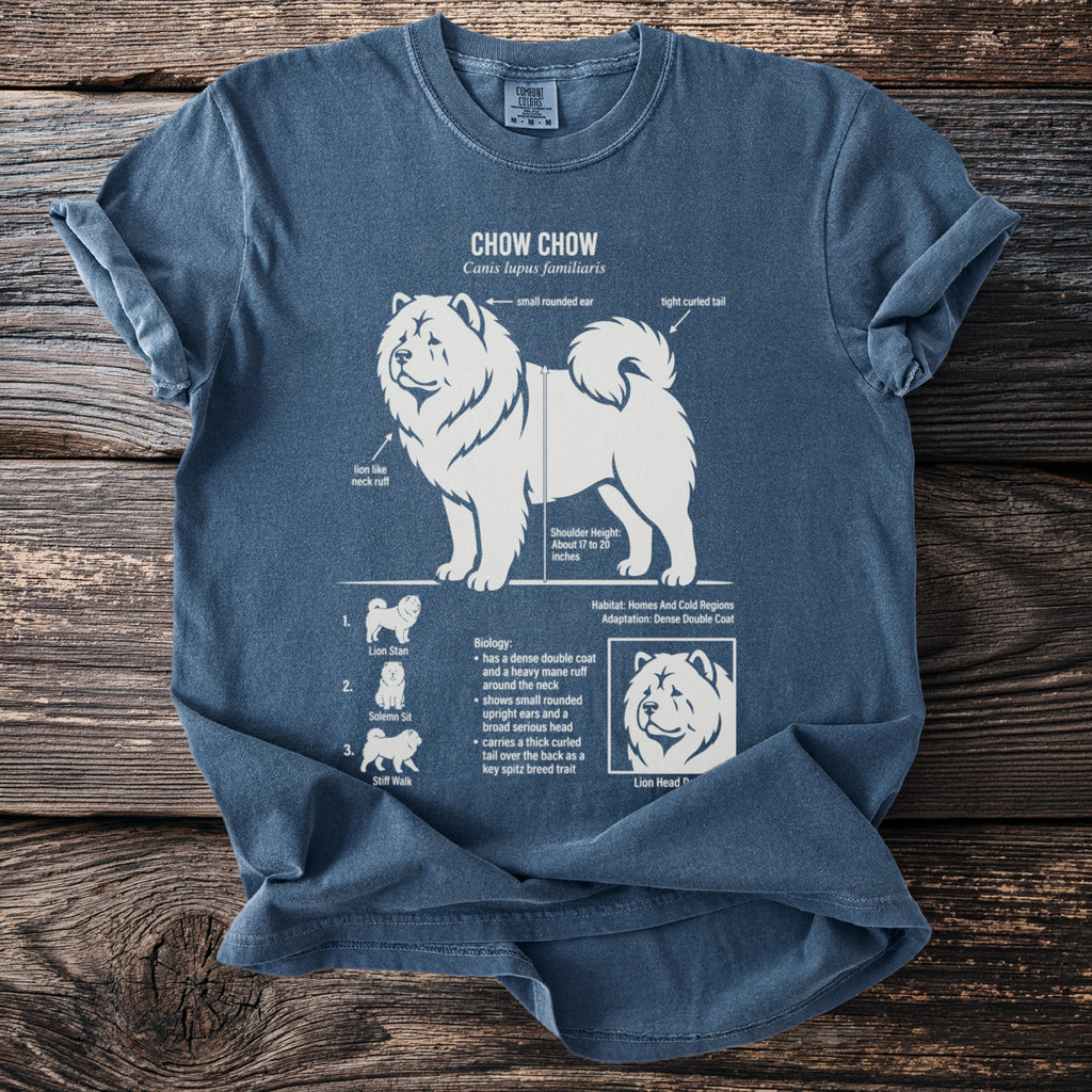 Chow Chow informational print on a dark blue t-shirt with dog anatomy and biology details.