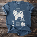 Chow Chow informational print on a dark blue t-shirt with dog anatomy and biology details.