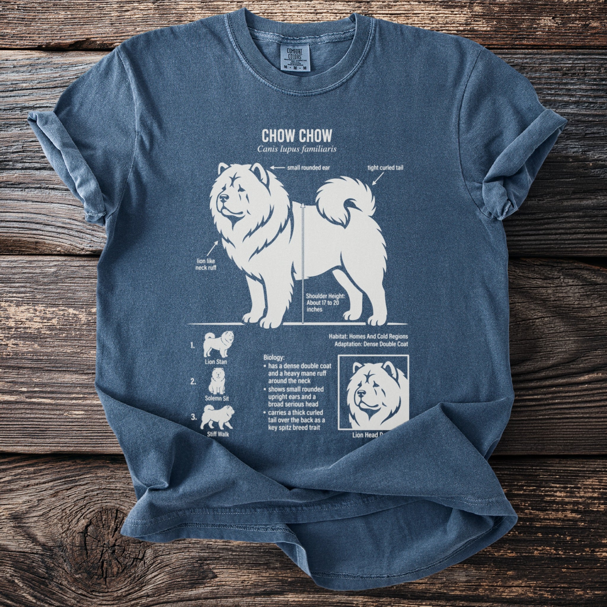 Chow Chow informational print on a dark blue t-shirt with dog anatomy and biology details.