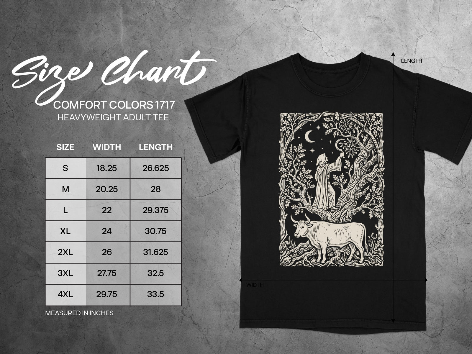 Comfort Colors 1717 heavyweight adult tee size chart with width and length measurements in inches.