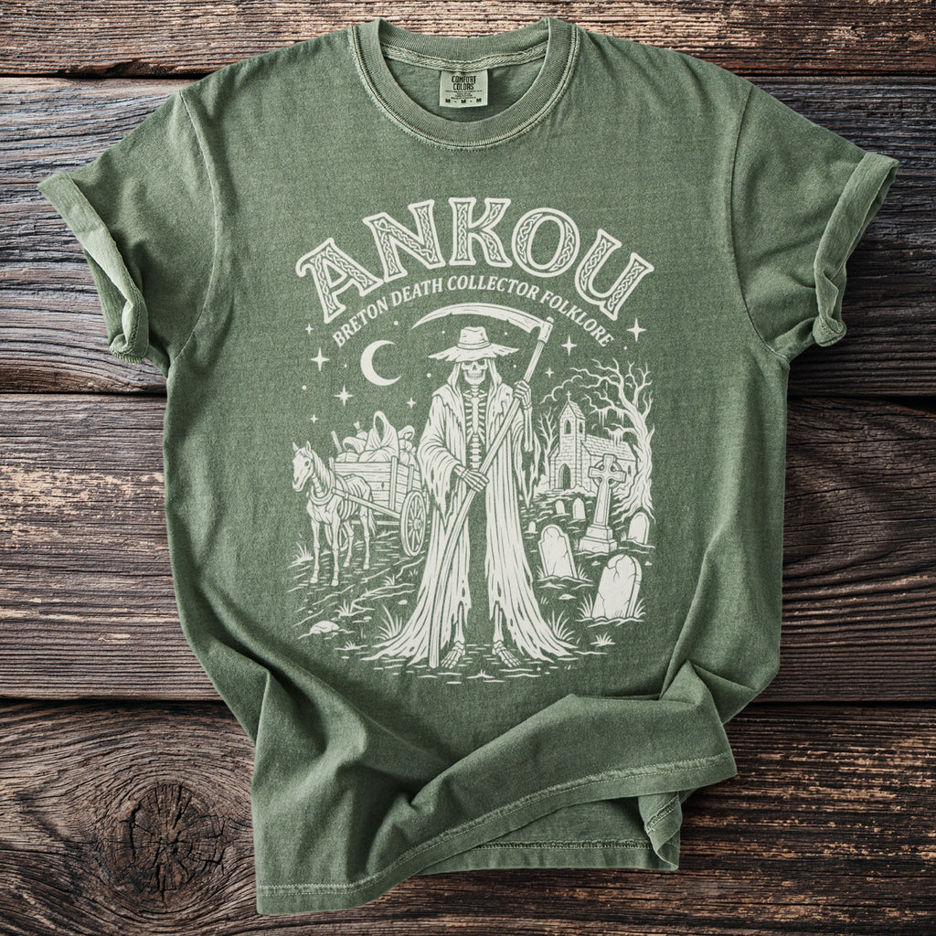 Green t-shirt with "Ankou Breton Death Collector Folklore" design featuring a Grim Reaper, cart, and graveyard.