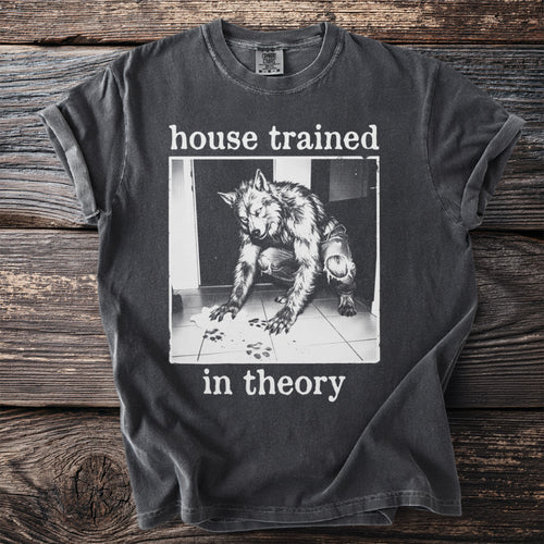 Dark grey t-shirt with werewolf graphic and "house trained in theory" text.